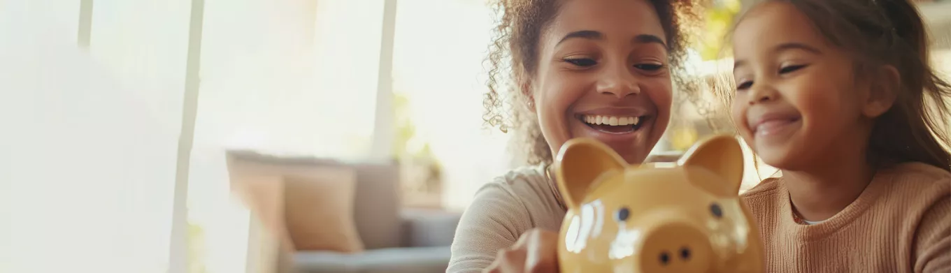 Mum and daughter with a piggy bank for Debt Awareness week Blog