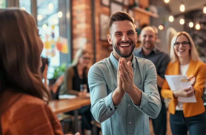 colleagues celebrating each other in an office